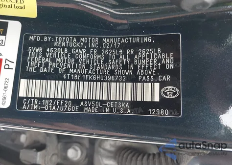 2017 Toyota Camry Le/Xle/Se/Xse from USA, damaged, VIN 4T1BF1FK6HU396733
